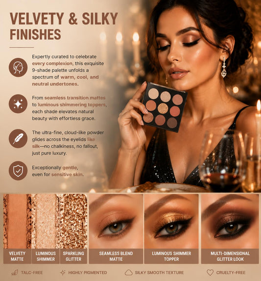 Haloskin Neutral Eyeshadow Palette – 9 Highly Pigmented Shades | Matte, Shimmer & Glitter Finish | Long-Lasting Silky Eye Makeup | Vegan & Cruelty-Free