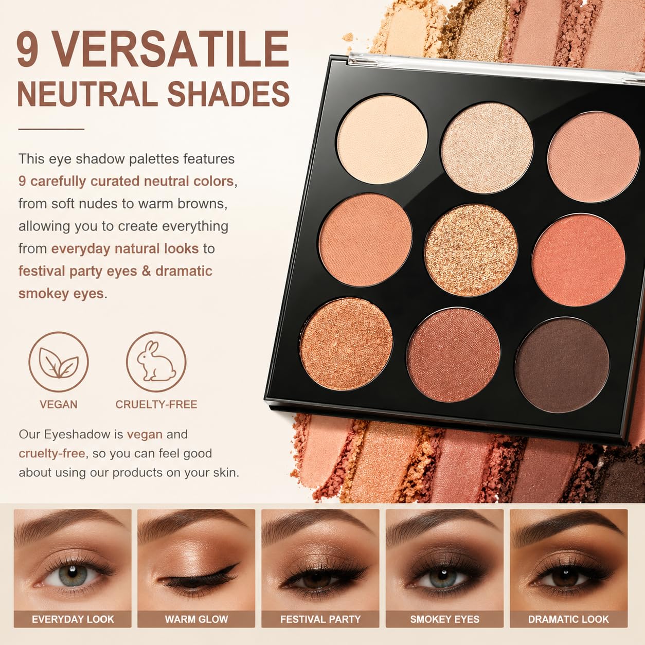Haloskin Neutral Eyeshadow Palette – 9 Highly Pigmented Shades | Matte, Shimmer & Glitter Finish | Long-Lasting Silky Eye Makeup | Vegan & Cruelty-Free