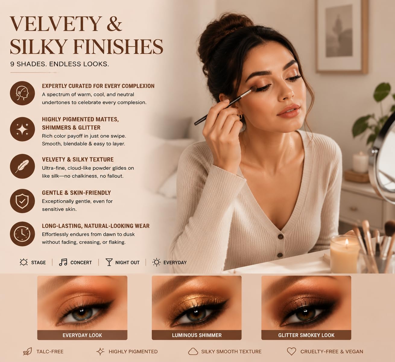 Haloskin Neutral Eyeshadow Palette – 9 Highly Pigmented Shades | Matte, Shimmer & Glitter Finish | Long-Lasting Silky Eye Makeup | Vegan & Cruelty-Free